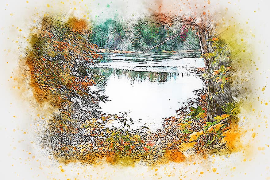 sungai, air, seni, abstrak, batu, alam, cat air, musim gugur, vintage, penuh warna, artistik