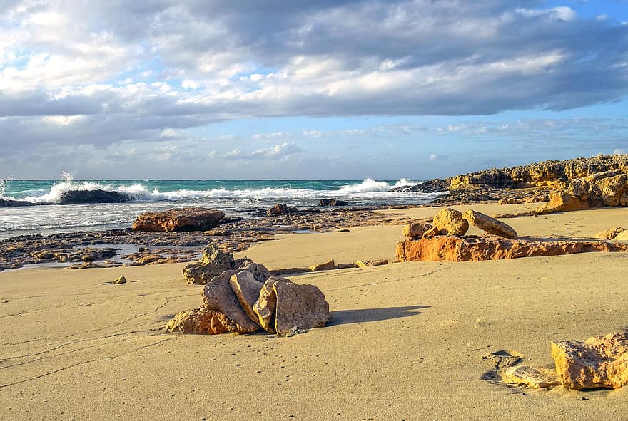 strand, zee, zand, kust, golven, rotsen, natuur, hemel, wolken, horizon, Cyprus