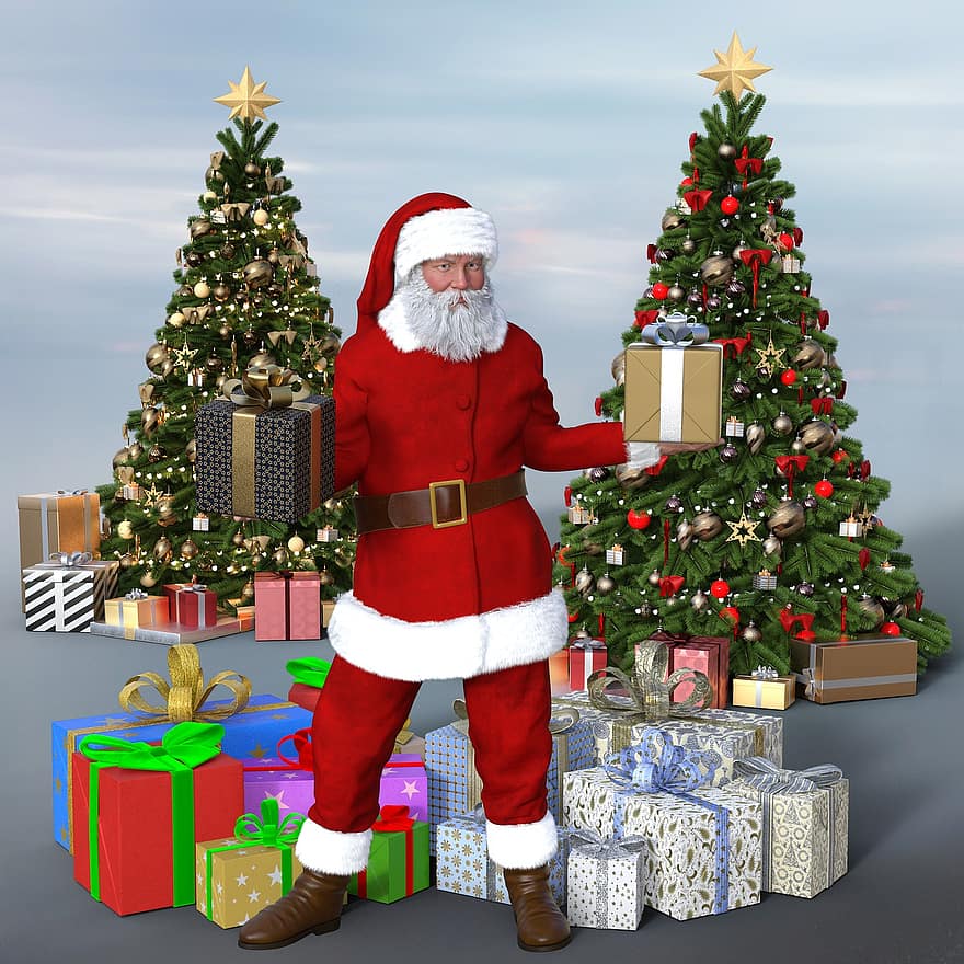 Babbo Natale, motivo natalizio, sfondo di Natale, Rendering 3D, 3d Mockup, albero di Natale, regali di Natale, Avvento, Stagione dell'Avvento, sfondo