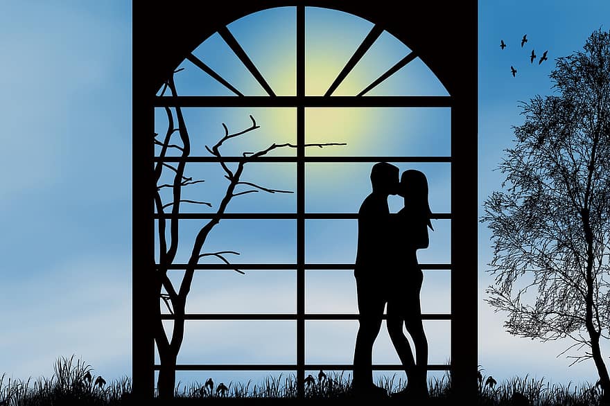 natur, par, kysse, kjærlighet, romantisk, silhouette, sammen, forhold
