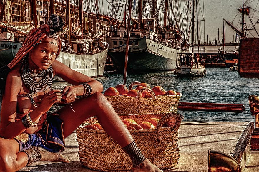 женщина, порт, апельсины, традиционная одежда, Этническая одежда, гавань
