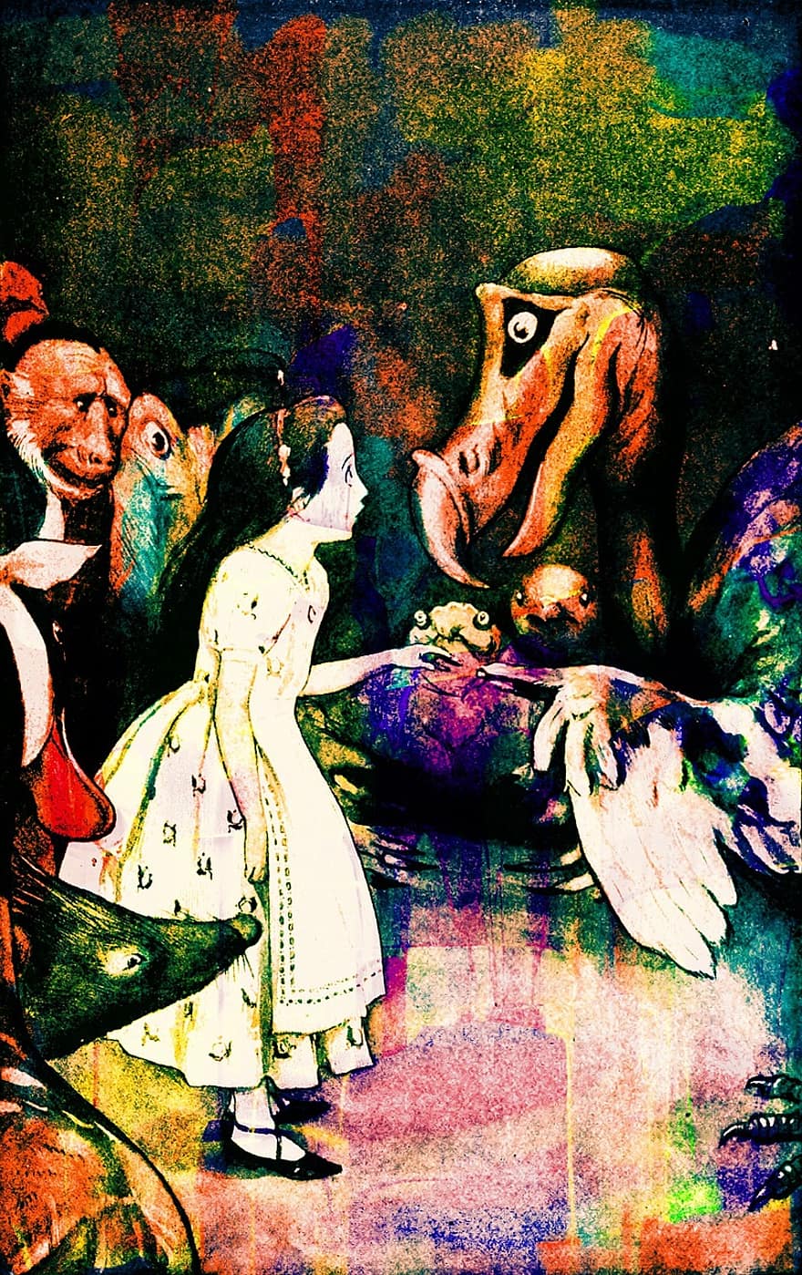 epocă, ilustrare de carte, Alice in Tara Minunilor, de modă veche, victoriană, grunge, vechi, antic, cerneală, pată, fermecat