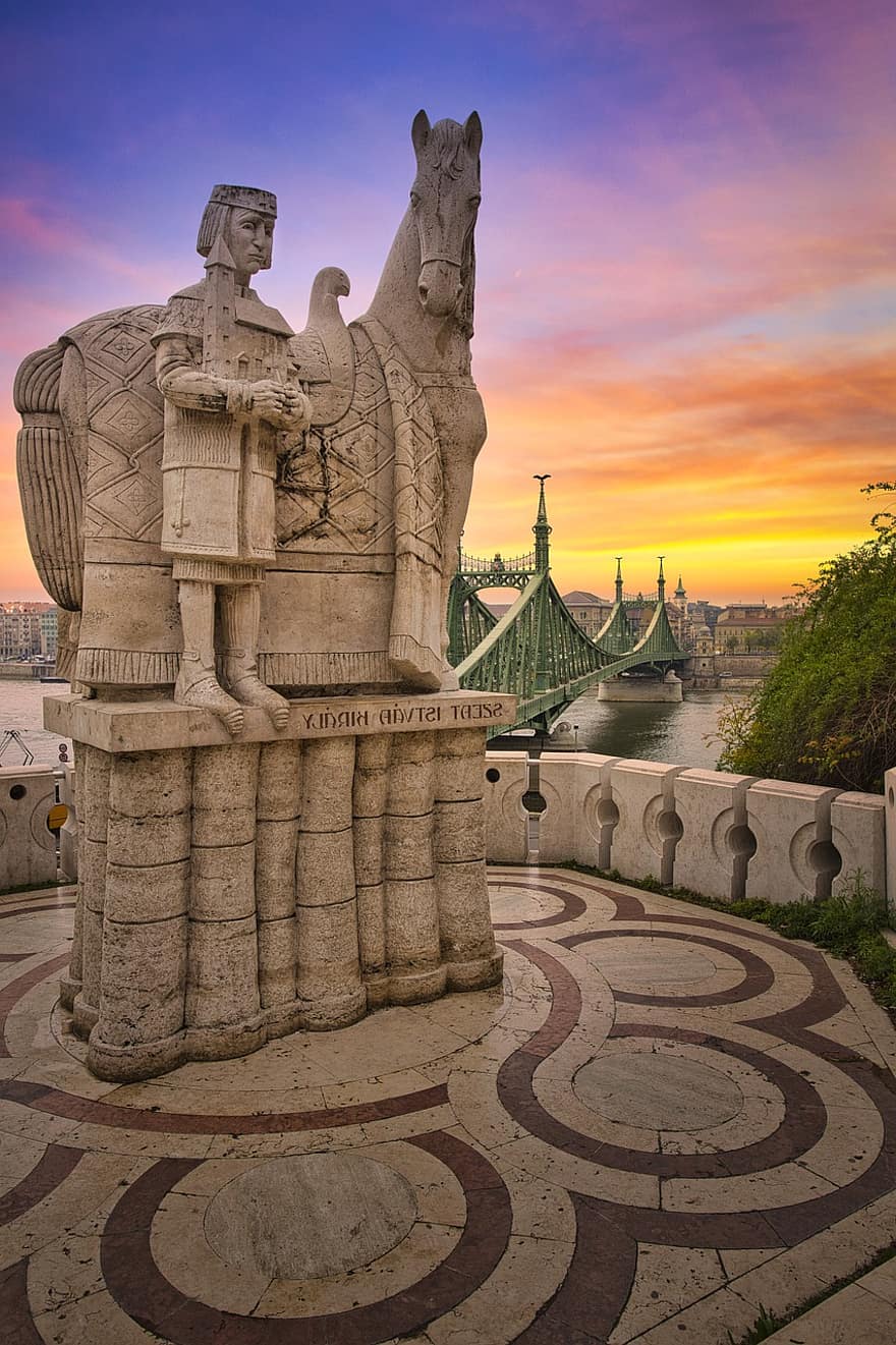 standbeeld, monument, Boedapest, brug, zonsondergang, beeldhouwwerk