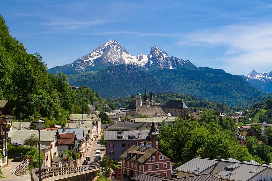 gunung, kota, pegunungan Alpen, hutan, pemandangan, Arsitektur, musim panas, tempat terkenal, atap, perjalanan, warna hijau