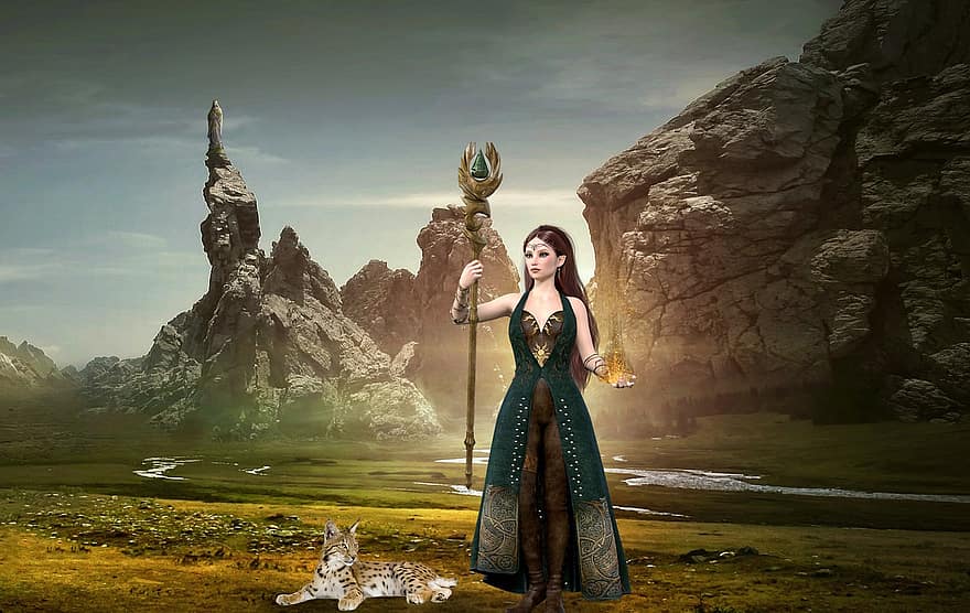 Background, Wizard, Mountains, Stream, Cat, Fantasy, Sorceress, Female, Character, Avatar, Digital Art