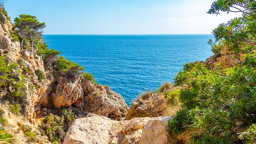 klippe, hav, landskap, costa, himmel, natur, horisont, blå, Sima Del Riu Blanc, Benitachell