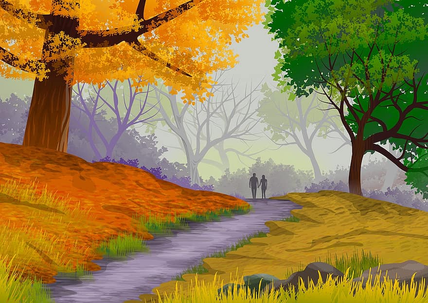 ilustrasi, Latar Belakang, wallpaper, pemandangan, alam, hutan, pohon, jalan, kasal, indah, skenario