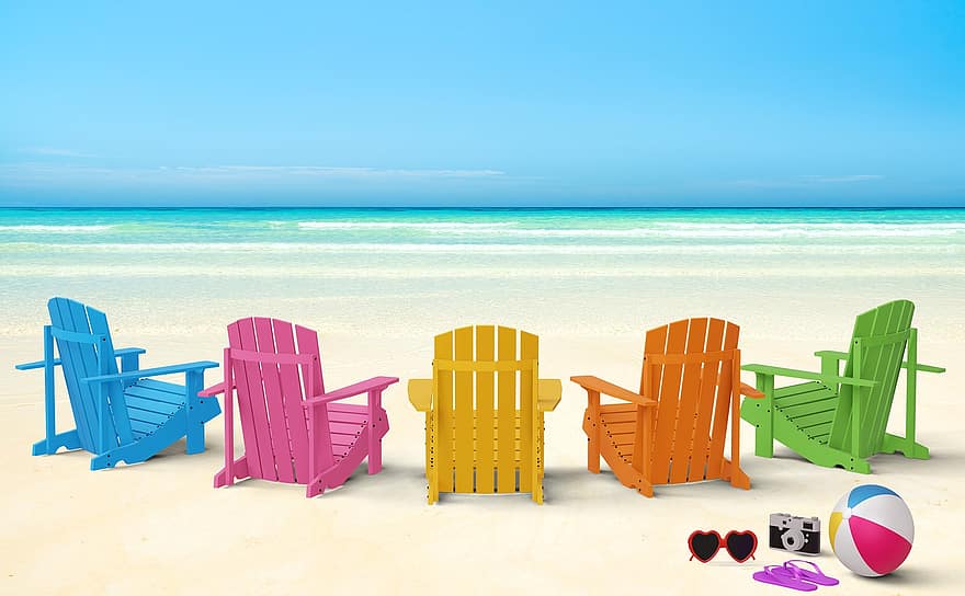 strand, zee, vakantie, kust, Strandballen, oceaan, water, golven, zand, zomer, ligstoelen