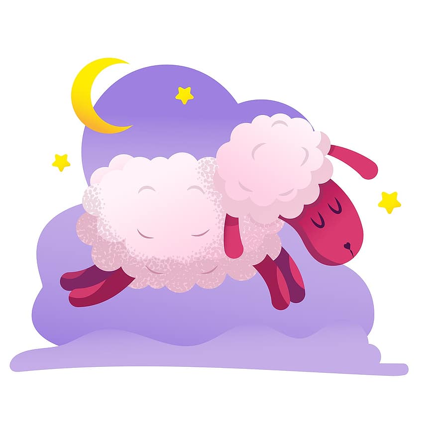 Sheep, Sleeping, Fantasy, Animal, Night, Moon, cartoon, cute, illustration, wool, humor