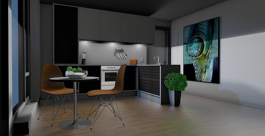 кухня, lichtraum, галерея, гостинная, квартира, графический, оказание, архитектура, 3d визуализация, недвижимость, 3d