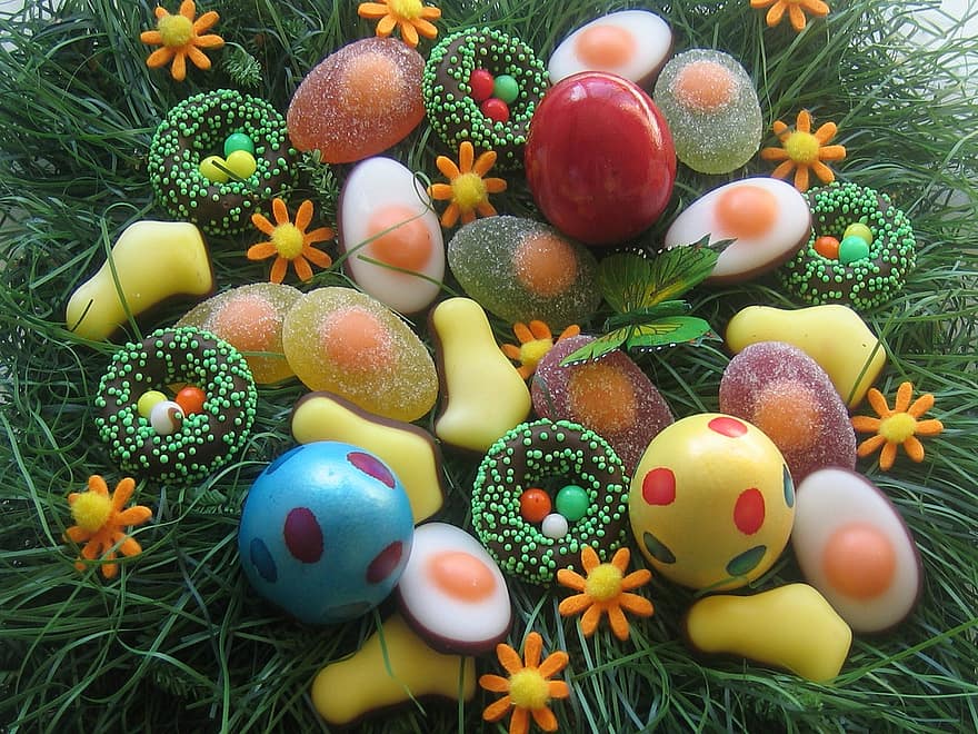 Pasqua, ou de Pasqua, alegre, ou, colorit, decoració, niu, niu de Pasqua, caramels, deliciós, xocolata