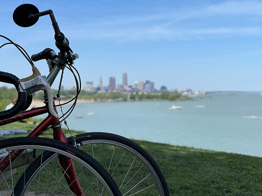 dviračiu, dviračiais, ežeras, Cleveland, panorama, dangus, vanduo, vandenynas, papludimys, vasara, pavasaris