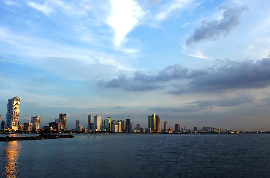 Manilla, siluetti, kaupunkikuvan, roxas-bulevardi, rakennukset, Manilan lahti, kaupunki, horisontti, Filippiinit