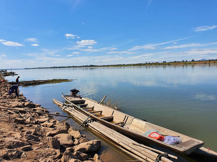 río, bote, costa, laguna, río Mekong, Tailandia, Asia, agua, reflexión