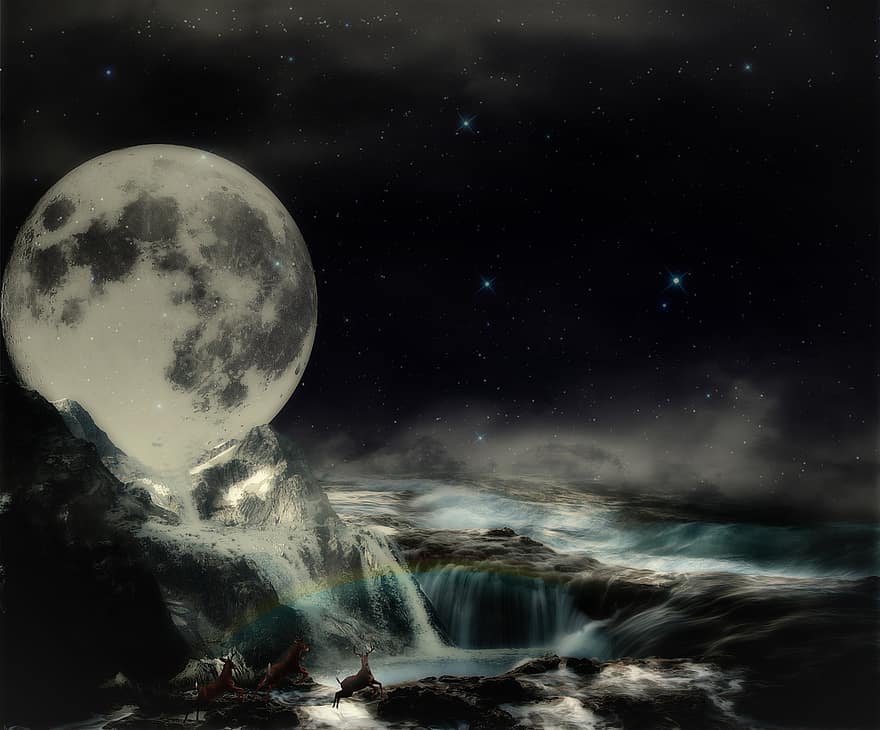 fantazie, měsíc, krajina, ledovec, Jelen, duha, vodopád, Příroda, Pozadí, planeta, prostor