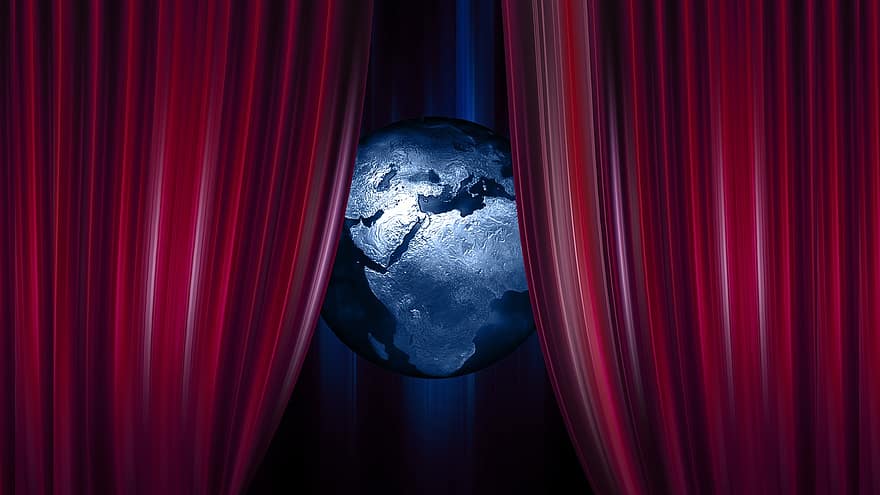 globo, tierra, mundo, cortina, teatro, cine, demostración, fin, continentes, cerrar, serie