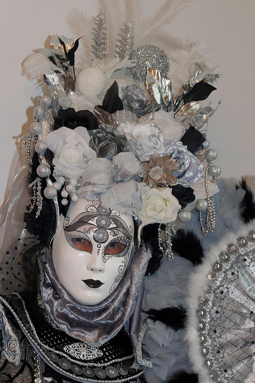 kvinna, karneval, kostym, venedigkarneval, maskerad, festival, venetian mask, fantasi, huvudbonad, dekoration, fjäder