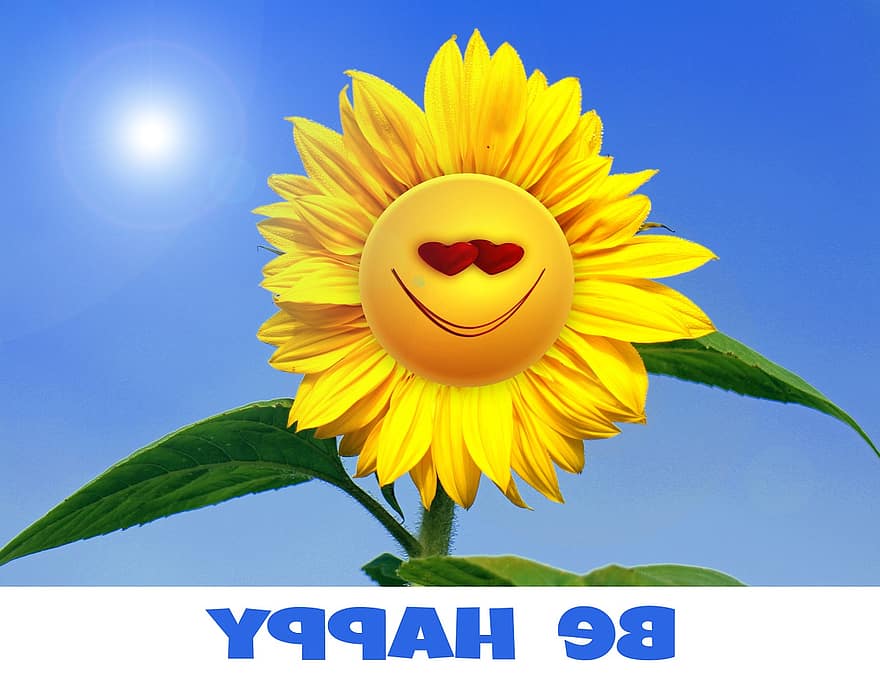 Sunflower, Flower, Yellow, Greeting, Smiley, Smile, Luck, Happy, Heart, Sun, Sky
