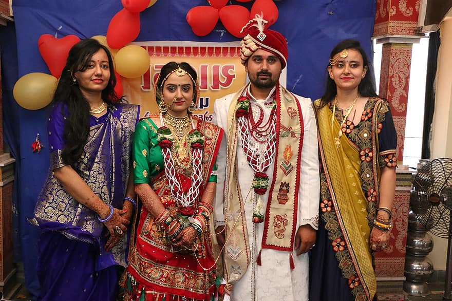 casal, Casamento, família, casamento, noiva, noivo, tradicional, hindu, indiano, homem, mulher