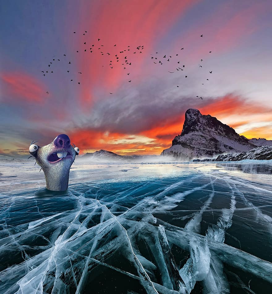 preguiça, congeladas, era do Gelo, gelo, por do sol, animal, montanha, mar, lago, Lago congelado, mar congelado