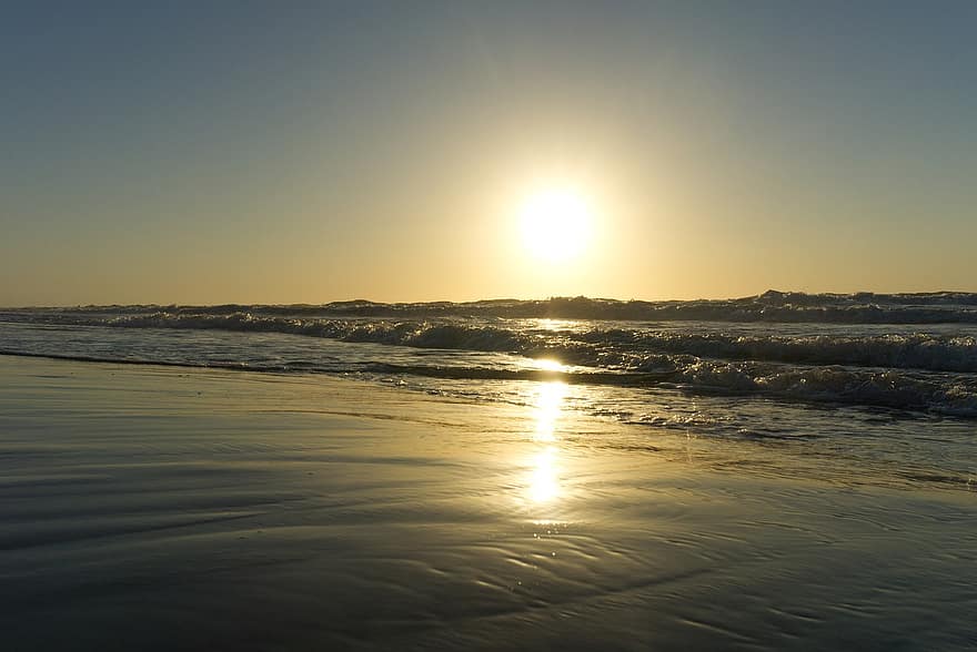 solnedgang, strand, bølger, ocean, kyst, natur, vand, afspejling, sol, sollys, horisont