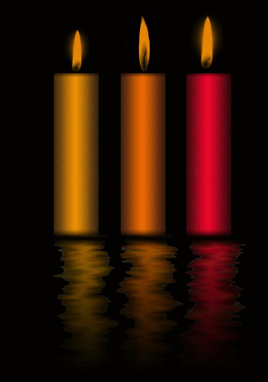 Candles, Background, Light, Flame, Red, Gold, Fire, Mirroring