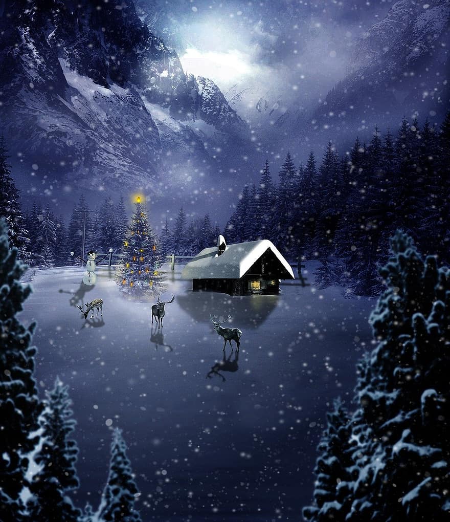 Коледа, Photoshop, манипулация, зима, вечер