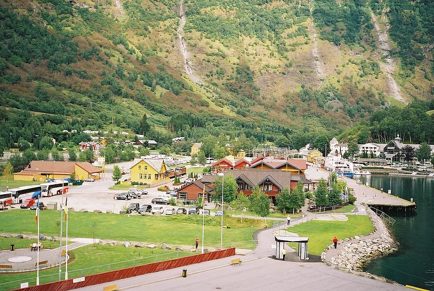Norvegijoje, fjordas, uostą, Miestas, pastatai, turizmą, kalnai, jūros, pakrantėje