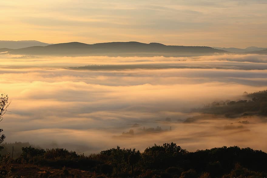 nebbia, nuvole, Alba, mattina, alba, all'aperto, panoramico, natura