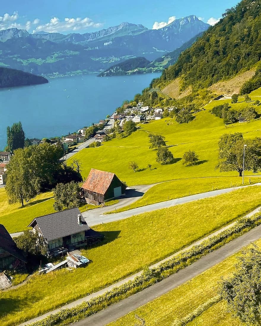 Suiza, Oceano, montañas, campo, isla, mar, naturaleza, escena rural, montaña, verano, color verde