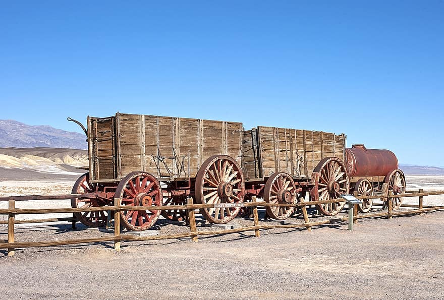 vagões, deserto, Vale da Morte, mina de bórax, madeira, transporte, cena rural, velho, roda, antiquado, Fazenda