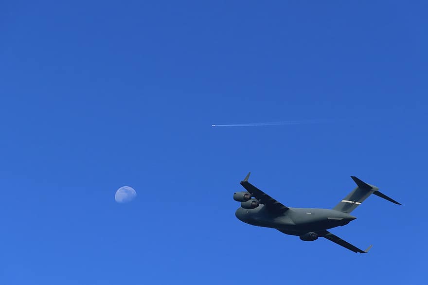 avião, vôo, lua, fundo, voar, aviação, azul, veículo aéreo, hélice, transporte, ar