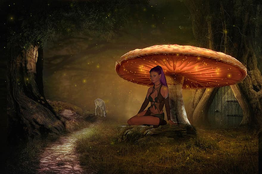 фон, ліс, гриб, олень, жінка, фантазія, самка, характер, цифрове мистецтво