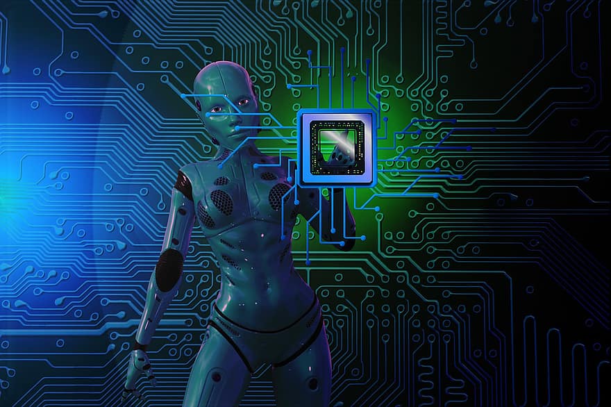 digitalisering, cyborg, chip, krets, robot, borde, kontroll senter, teknologi, prosessor, microchip, hukommelse