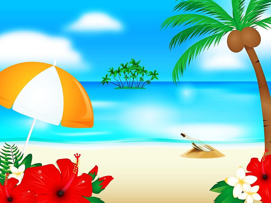 strand háttér, hibiszkusz, pálmafa, üzenet a palackban, esernyő, strand, nyári, tropikus, hawaii, virágok, hullámtörés