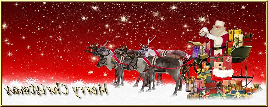 Nadal, Bon Nadal, targeta de felicitació, Pare Noél, trineu de nadal, rens, regals, lliscar, fet, bucle, felicitació de Nadal