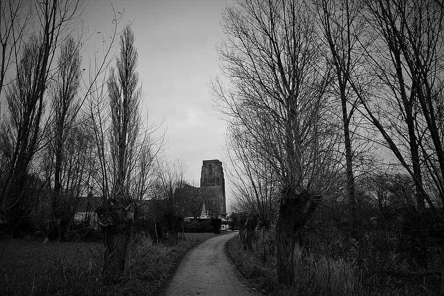Village, Away, Distance, Landscape, Church, Squirm, Monochrome, architecture, old, black and white, tree