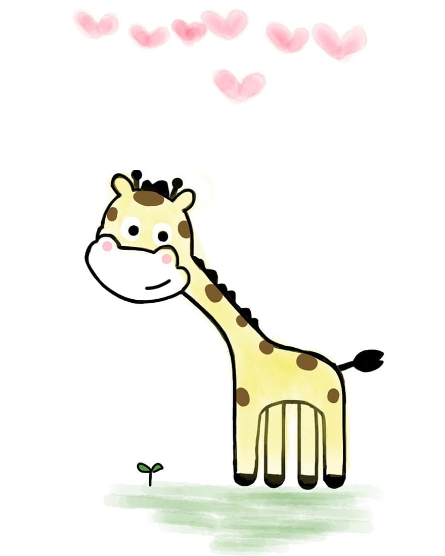 Giraffe, Süße Giraffe, Herz, grünes Gras, Blatt, Karikatur, süß, Tier, bezaubernd, Zeichnung, skizzieren