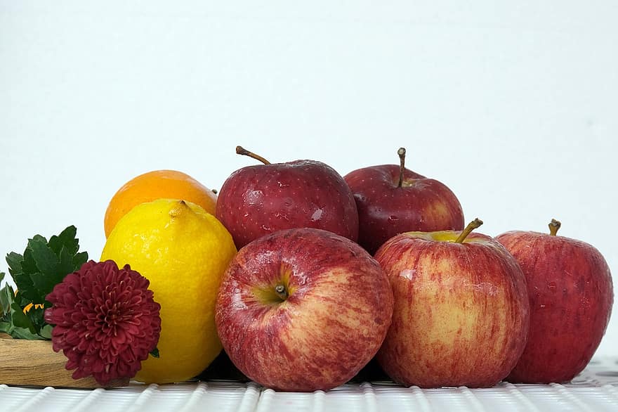 фрукты, цветок, натюрморт, яблоки, лимон, оранжевый, красные яблоки, хризантема, питание, производить, органический