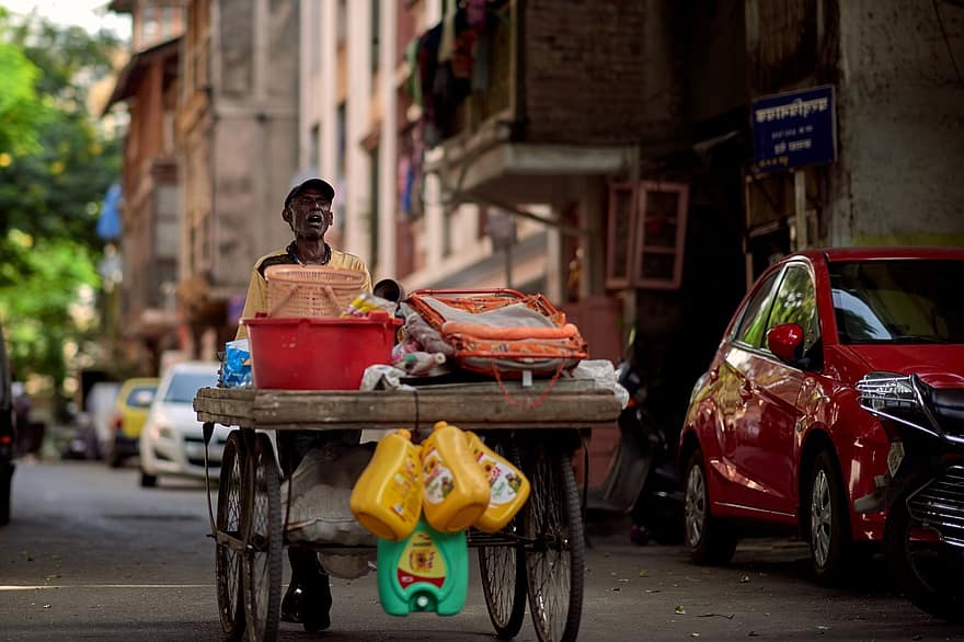 Indie, pouliční prodejce, vozík, Národní barva, muž, chudoba