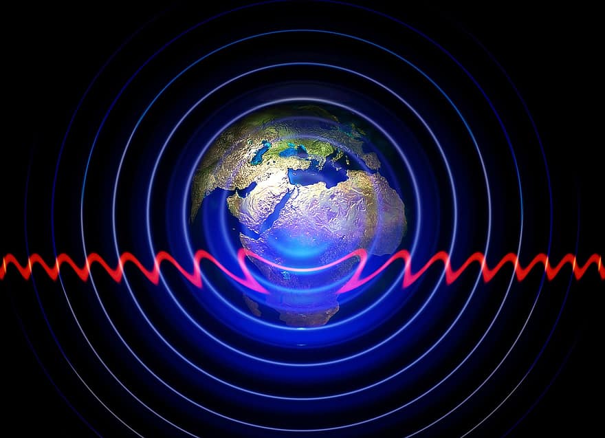 zeměkoule, Země, míč, řádky, vlna, kruh, poslat, přijata, vlny kruhy, vibrací, sdělení