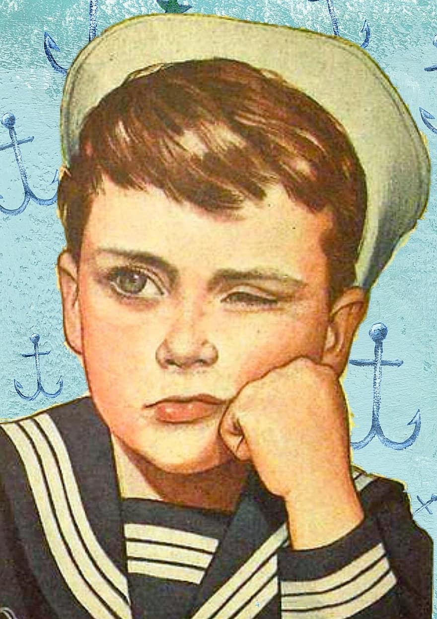 Retro, Boy, Sailor, Outfit, Unhappy, Angry, People, Old, Classic, Fashion, Nautical