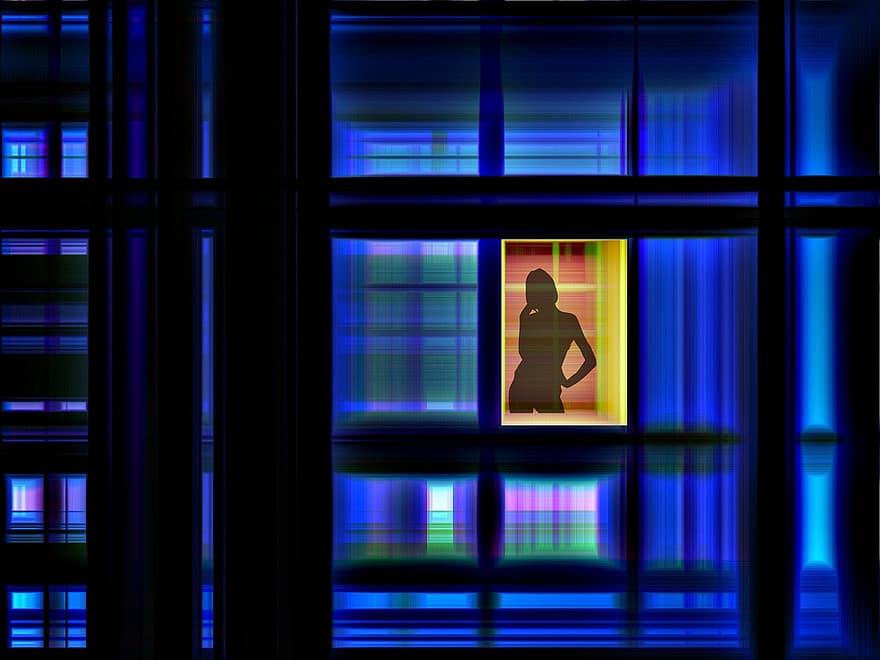 venster, vrouw, silhouet, in zicht, spanner, pose, blauw, licht