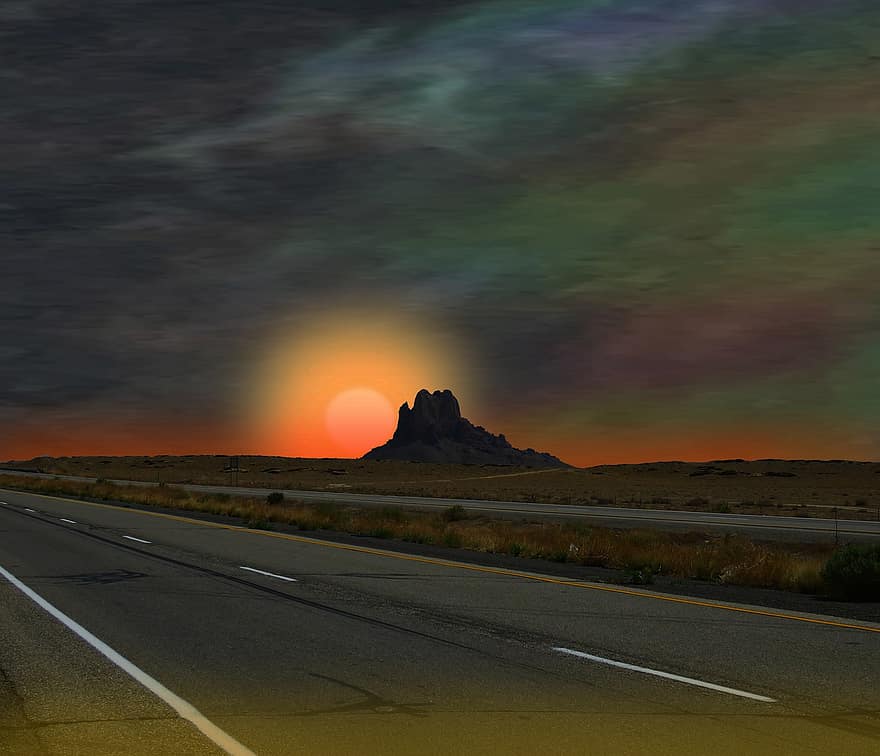 Дорога, природа, заход солнца, улица, путешествовать, исследование, на открытом воздухе, небо, облака, Нью-Мексико, бесплодный