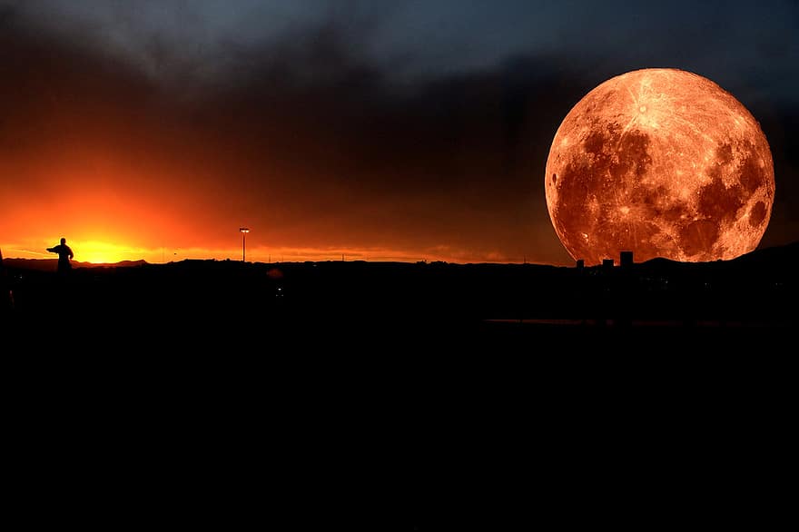 sarkans mēness, naktī, tumšs, mēness, mēness gaisma, pilnmēness, siluets, astronomija, debesis