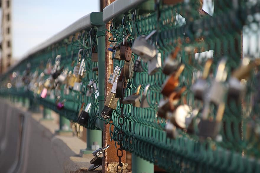 ponte, serrature, ricordi, amore, recinzione verde, lucchetti, romantico, metallo, recinto, lucchetto, serratura