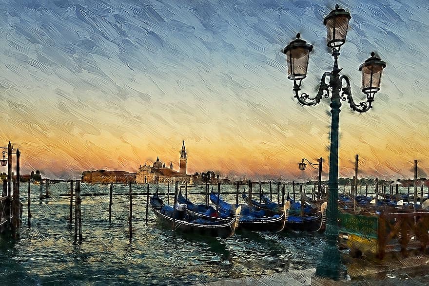 Βενετία, Ιταλία, ζωγραφική, γόνδολες, Ευρώπη, αρχιτεκτονική, ναυτικό σκάφος, διάσημο μέρος, σούρουπο, ταξίδι, η δυση του ηλιου