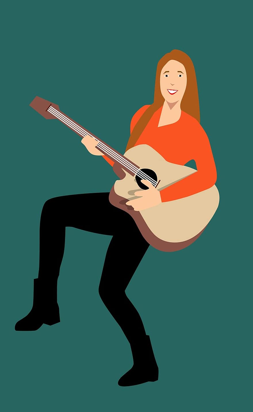 гітарист, музикант, граючи, мультиплікаційний персонаж, ідея, акустичний, самка, гітара, гарненька, дівчина, повне тіло