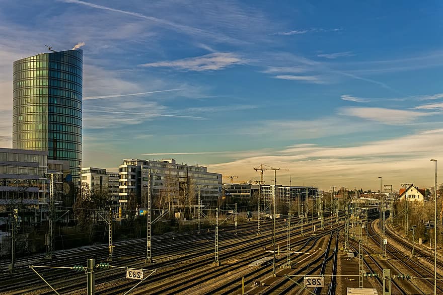 Buildings, Rails, Sky, Clouds, Architecture, City, Travel, Urban, Industry, Route, Transport