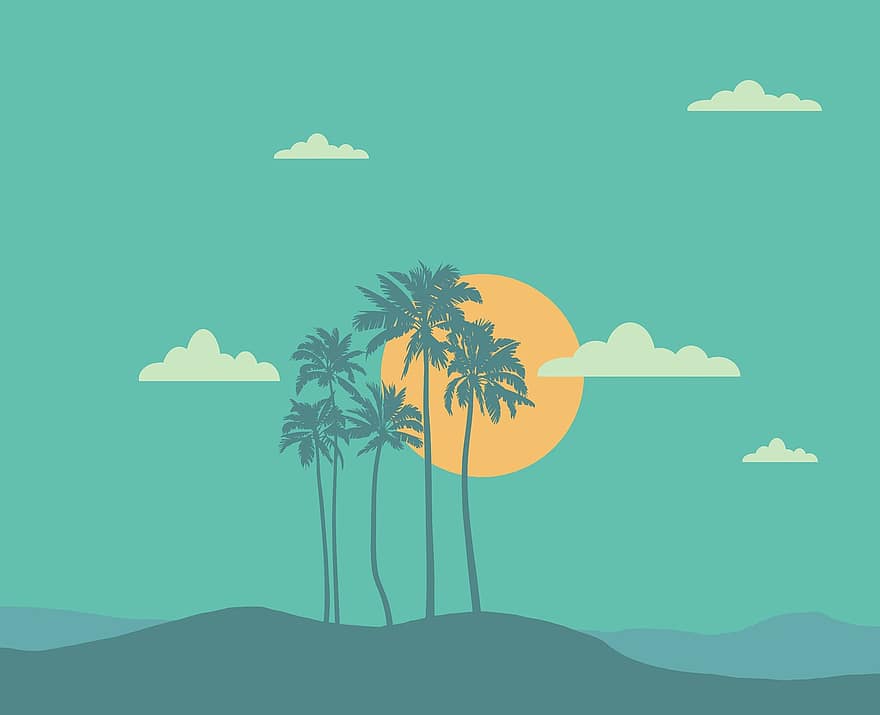 sol, palmer, trær, øy, tropisk, solfylt, landskap, himmel, skyer, palm, natur